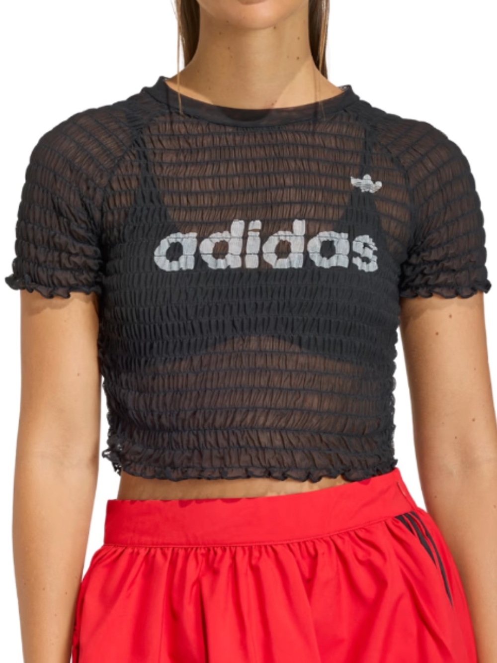 adidas Black Sheer Smocked Crop Top with White Logo